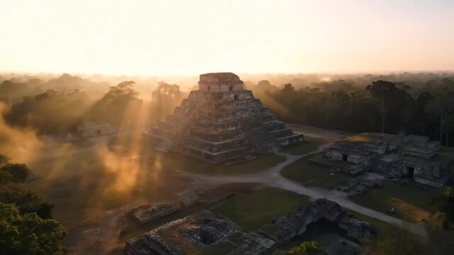 Ek balam mayan ruins at sunrise, yucatan, mexico, showcasing the ancient civilizations architecture and cultural heritage amidst the lush jungle landscape
