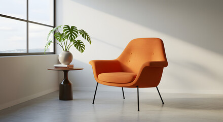 Fototapeta premium Stylish interior scene with vibrant orange chair, monstera plant and abundant natural light