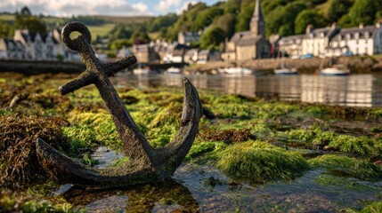 Rusty anchor in shallow water, village backdrop (1)