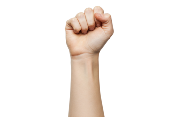 Raised Fist: Arm Extending Upwards with Clenched Fists, Isolated Against a White Background, Symbolizing Power or Protest