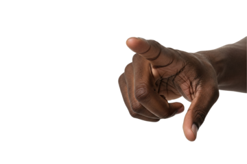 Black hand pointing directly forward with strong gestures, isolated on a clean white background, symbolizing communication, power, and focus on transparent background