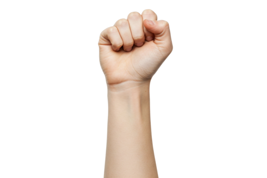 Raised Fist: Arm Extending Upwards with Clenched Fists, Isolated Against a White Background, Symbolizing Power or Protest
