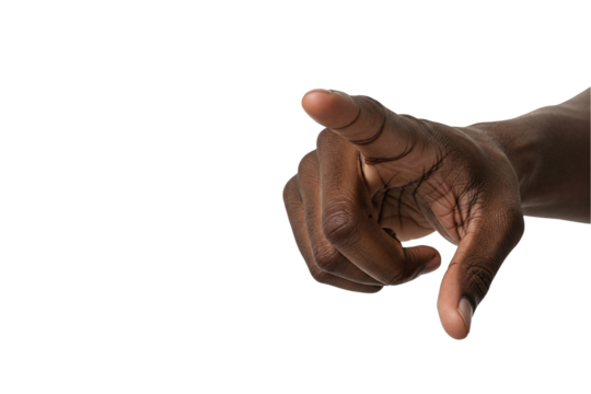 Black hand pointing directly forward with strong gestures, isolated on a clean white background, symbolizing communication, power, and focus on transparent background