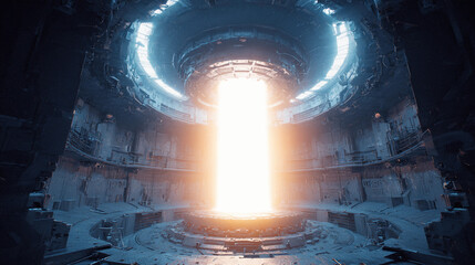 Exploring a futuristic chamber with a bright energy source