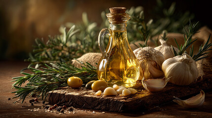 Herbs and garlic displayed with olive oil in a rustic setting