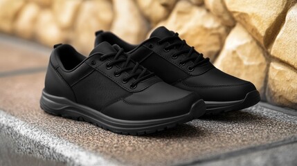 Black athletic shoes on stone steps outdoors