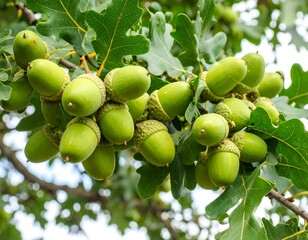Clusters of fresh green acorns on an oak tree branch