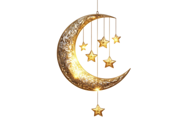 Artistic crescent moon featuring suspended stars creating a dreamy and symbolic night scene isolated on transparent background PNG