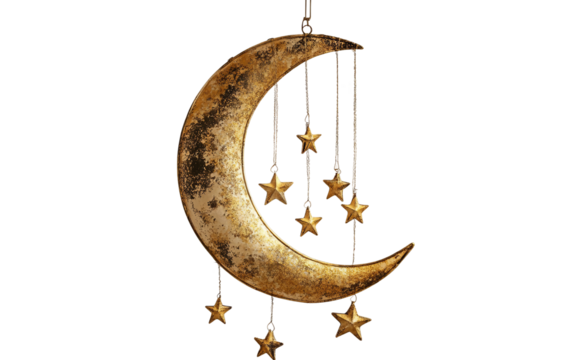 Decorative crescent moon design with hanging stars crafted in an elegant celestial style isolated on transparent background PNG - Powered by Adobe