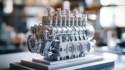 Detailed 3D Engine Model on Display in Industrial Setting