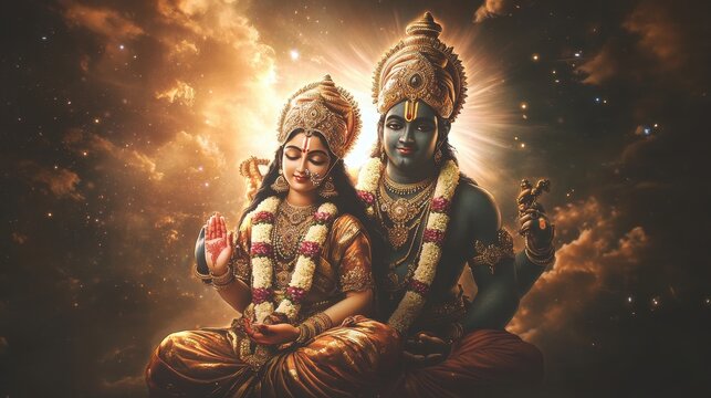 A harmonious scene of Vishnu and Laxmi with celestial beings in the background during festive season