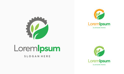 Modern nature technology logo, leaf and gear machine vector, Agriculture logo template icon, Green Eco Tech Logo Template Design Vector, Nature Industry