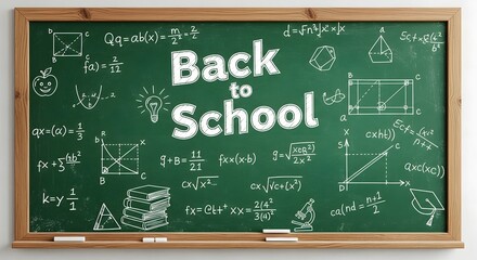 A wooden framed chalkboard displaying the phrase "Back to School" surrounded by various academic-related drawings and equations.