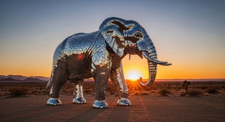 Fototapeta premium Mirrored elephant sculpture in desert at sunset reflective