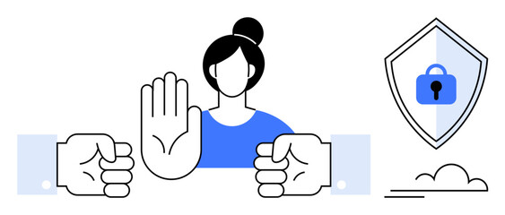 Woman raising hand in stop gesture, defending against two fists. Shield with lock icon emphasizes security. Ideal for privacy, safety, cyber security, boundary setting, self-defense, personal space