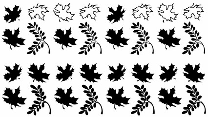 Obraz premium Illustration of maple leaves and leafy branches arranged in rows in a seamless repeating pattern design silhouette