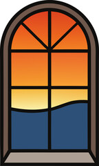 Arched window view of sunset over water isolated on transparent background