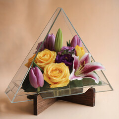 Yellow and Purple Flower Bouquet in Glass Triangle