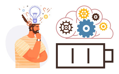 Thoughtful man surrounded by creativity elements thumbs up lightbulb, gears in cloud, low battery sign. Ideal for innovation, brainstorming, productivity, energy, problem-solving, fatigue