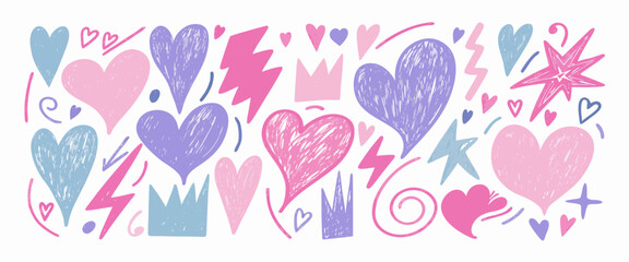 Hand-drawn Pastel Hearts, Crowns, and Lightning Bolts