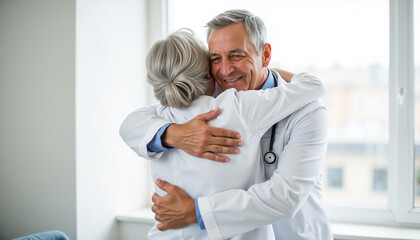 Fototapeta premium Elderly doctor hugging senior woman in medical office with smiles 