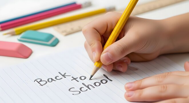 Child's hand writing "Back to School" on lined paper with a yellow pencil, surrounded by school supplies.