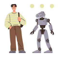 Casual young person with striped sweater and bag standing near a humanoid robot. Ideal for technology, AI, robotics, human-machine interaction, innovation, education, future concepts, simple flat