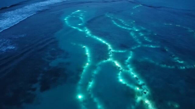 Aerial view of bioluminescent waves on a tropical beach, showcasing the mesmerizing glow of marine microorganisms in the dark ocean water at night