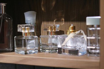 Elegant Perfume Bottles on Wooden Shelf Ikea