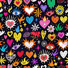 Colorful Hearts, Flames, and Eyes Seamless Pattern
