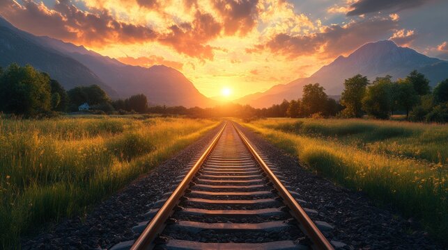 railway tracks stretching towards a vibrant sunset amidst rolling hills and golden fields offering a sense of journey and adventure under a radiant sky