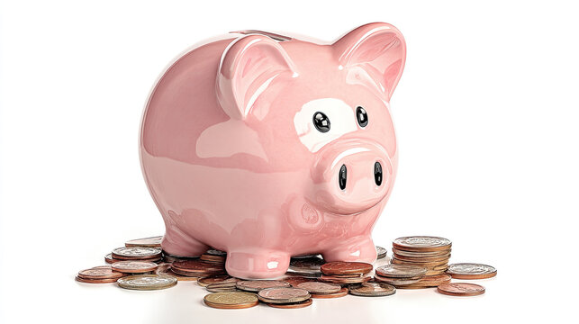 Pink piggy bank surrounded by scattered coins concept. A pink piggy bank surrounded by shiny coins on a white background.