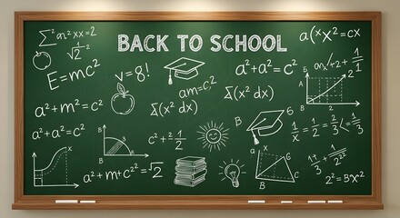 A green chalkboard filled with white chalk drawings of math equations, graphs, and school-themed illustrations.