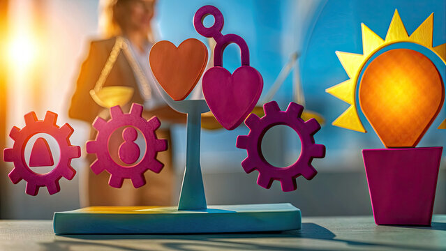 Targeting women consumers based on personal values concept. Balance of emotions and ideas depicted through colorful gears.