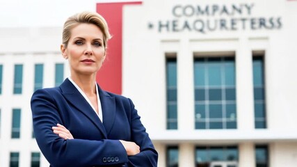 A successful businesswoman poses confidently outside her company building