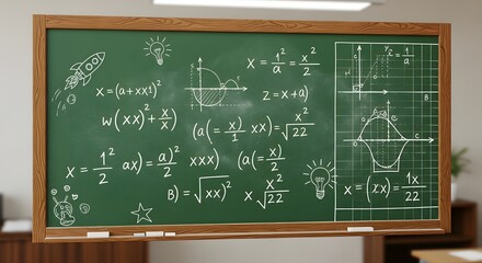 A classroom chalkboard filled with complex mathematical equations and diagrams, including graphs, formulas, and simple drawings.