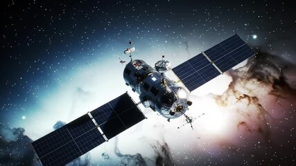 Detailed view of a satellite with solar panels against a backdrop of stars and nebula clouds - Powered by Adobe