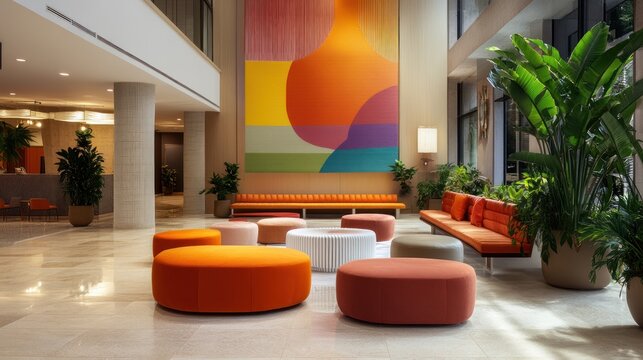 contemporary hotel lobby featuring colorful abstract art and stylish seating creating a welcoming and visually appealing space for guests and visitors relaxing in modern design