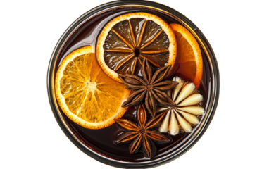Elegant glass of mulled wine garnished with orange slice capturing cozy seasonal warmth isolated on transparent background PNG