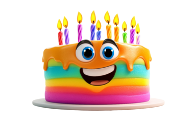 Bright birthday cake emoji with colorful frosting and lit candles in a festive style isolated on transparent background PNG