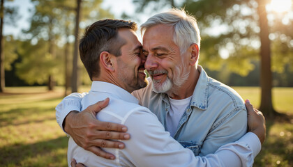 Two men embracing and smiling happily in a sunlit park