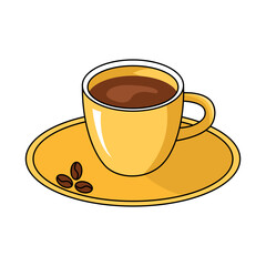 Yellow Coffee Cup on Saucer – Vector Illustration. Simple, clean, and vibrant design, ideal for cafe menus, beverage promotions, breakfast themes, and coffee shop branding.