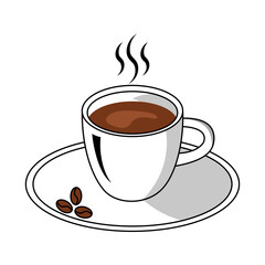 Hot Coffee Cup with Steam and Coffee Beans on Saucer – Vector Illustration. Vector illustration of a steaming hot cup of coffee placed on a saucer with three coffee beans.