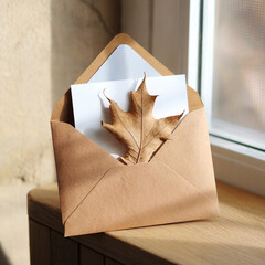 Kraft Envelope with Blank Card and Dried Leaf in Sunlight