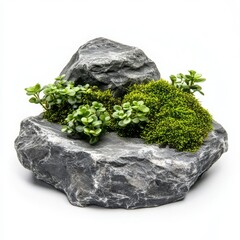 Small succulent plants and moss growing on a textured grey rock