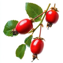 Three Ripe Red Rose Hips on a Branch fruit oval