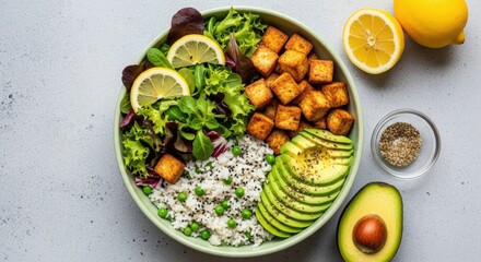 Vibrant Vegan Bowl: Crispy Tofu, Avocado, Rice, and Lemon Delight