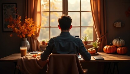 Person working in cozy autumn home office, back view