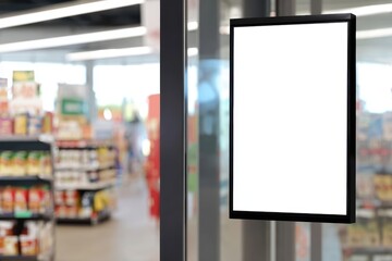 Supermarket glass door poster mockup, black frame vertical signage on store entrance window