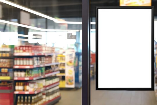 Supermarket glass door poster mockup, black frame vertical signage on store entrance window